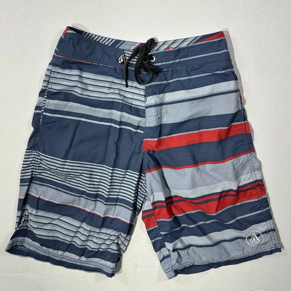 Volcom Los Pockitos Board Short‎ 29 Red Navy Gray Stripe Surf Swim Trunks